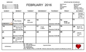 Feb.. Calendar 2016