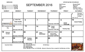 September 2016 Newsletter Calendar page